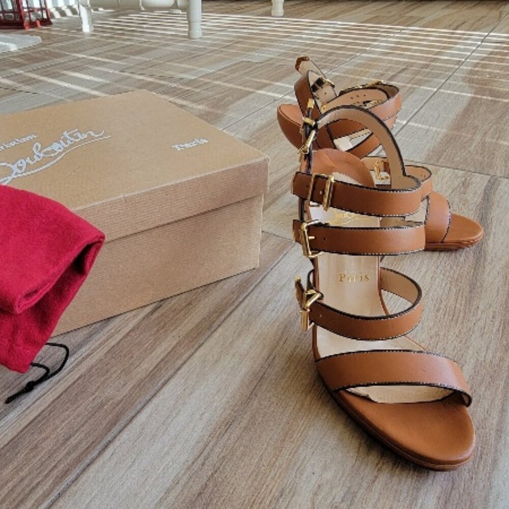 Christian Louboutin Funky 120 Tan Leather Gladiator Sandal Strap Shoes Eur. 37.5 - Picture 3 of 15